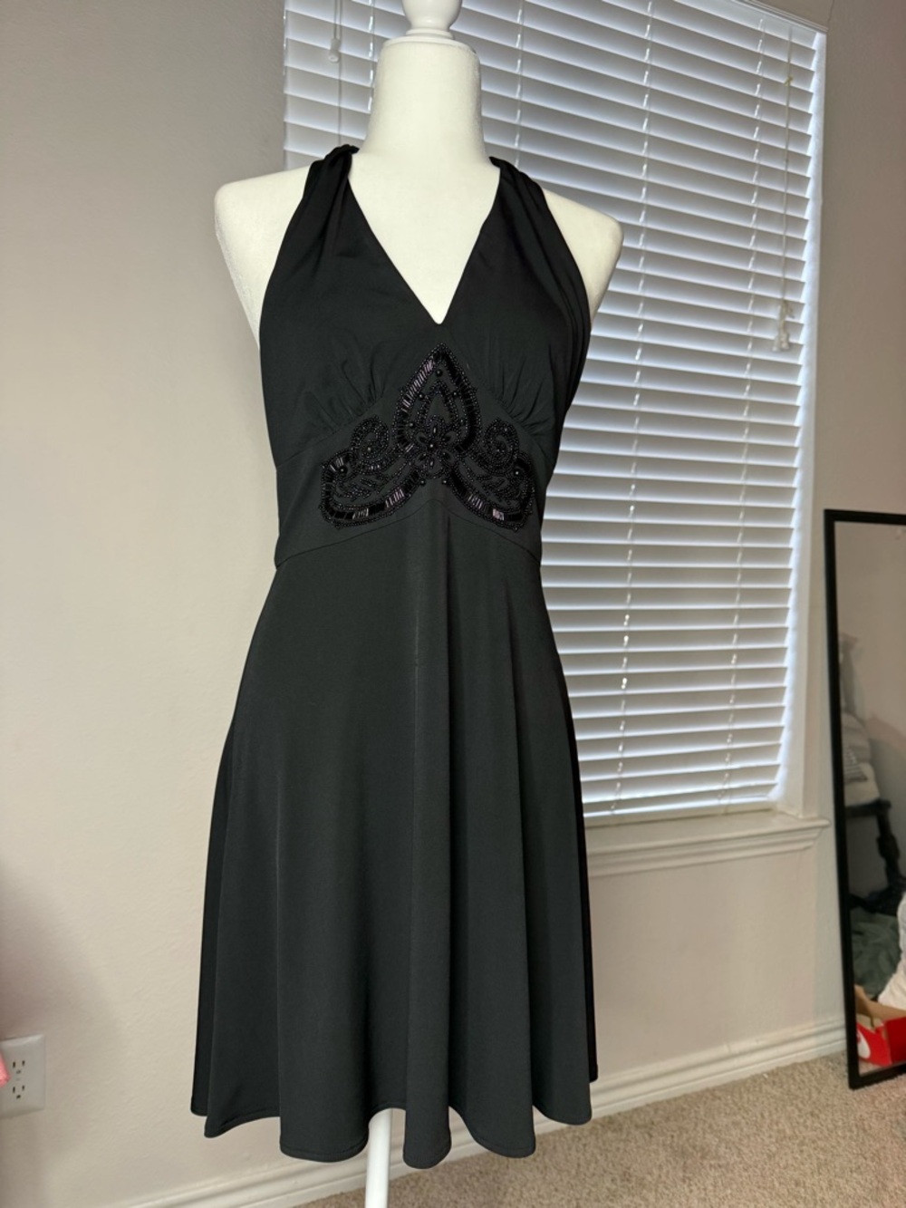 Maggy London Black Halter Mini Dress with Beaded Waist